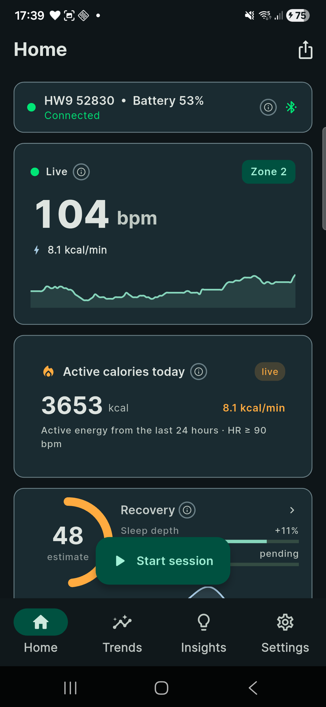 Home screen showing 104 bpm live heart rate with zone 2 indicator
