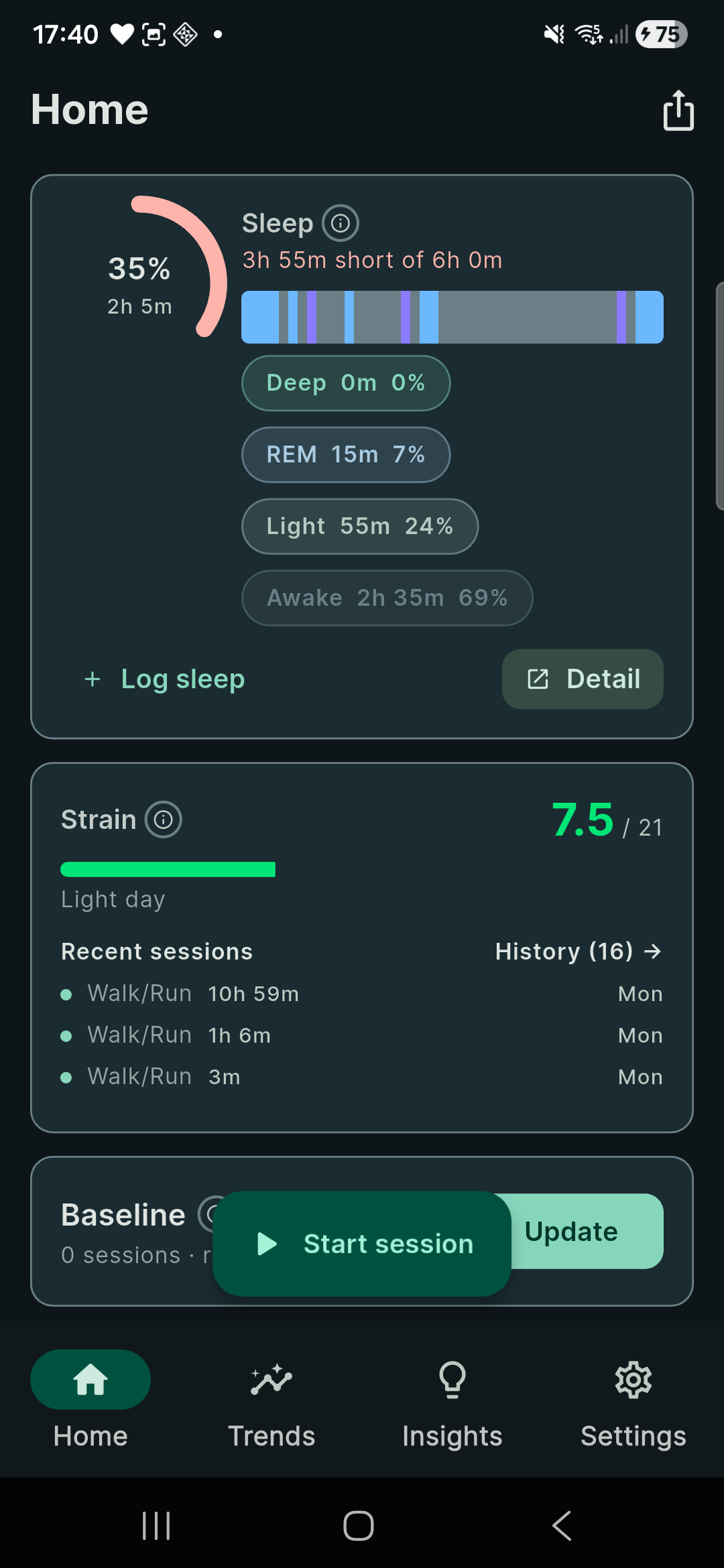 Home screen showing sleep stage breakdown, recovery ring and recent sessions
