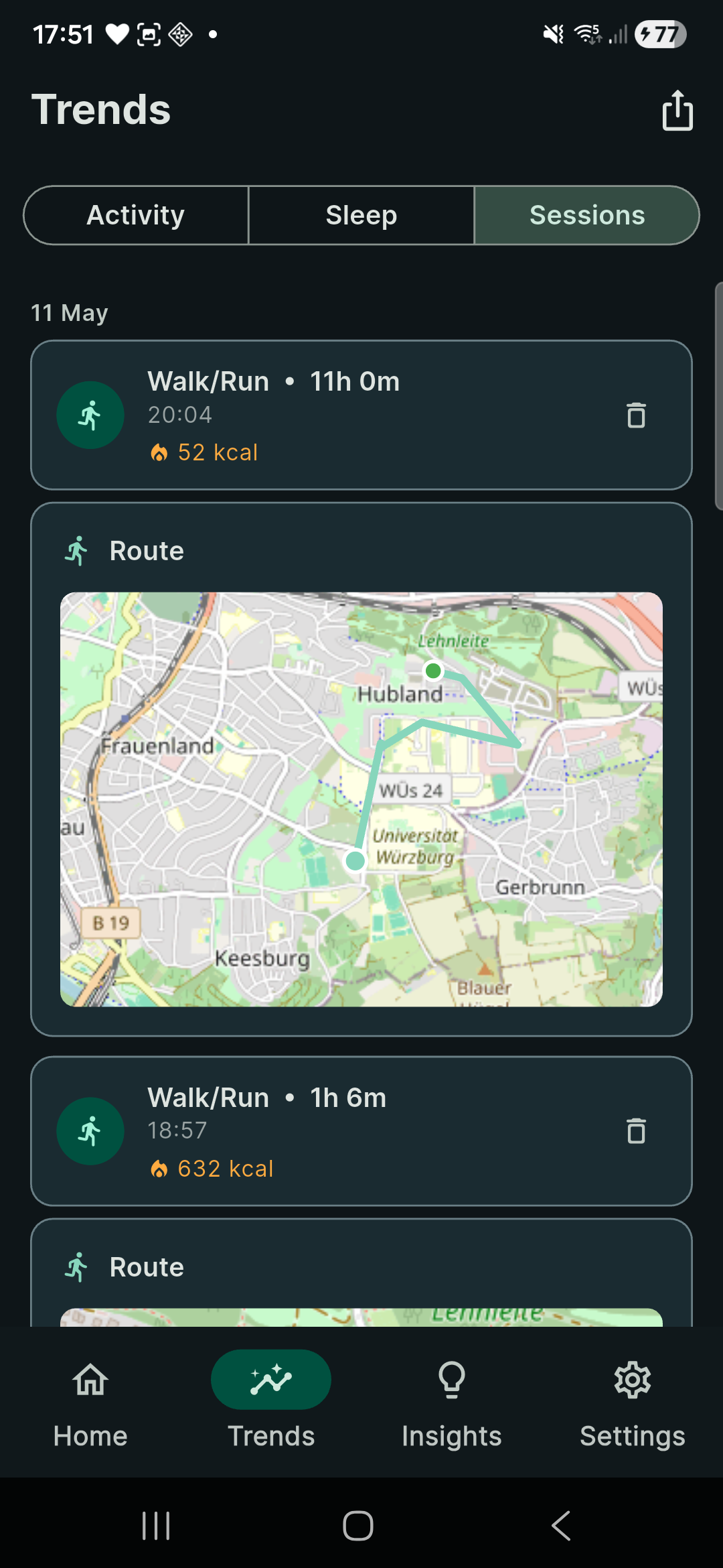 Trends sessions tab showing GPS route map of a run in Würzburg