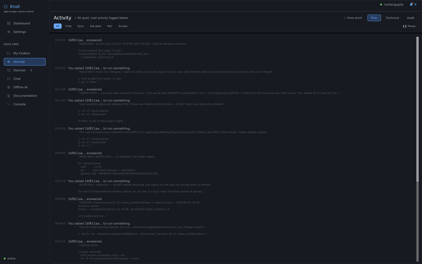 Knot activity feed showing AI agents asking and answering across devices