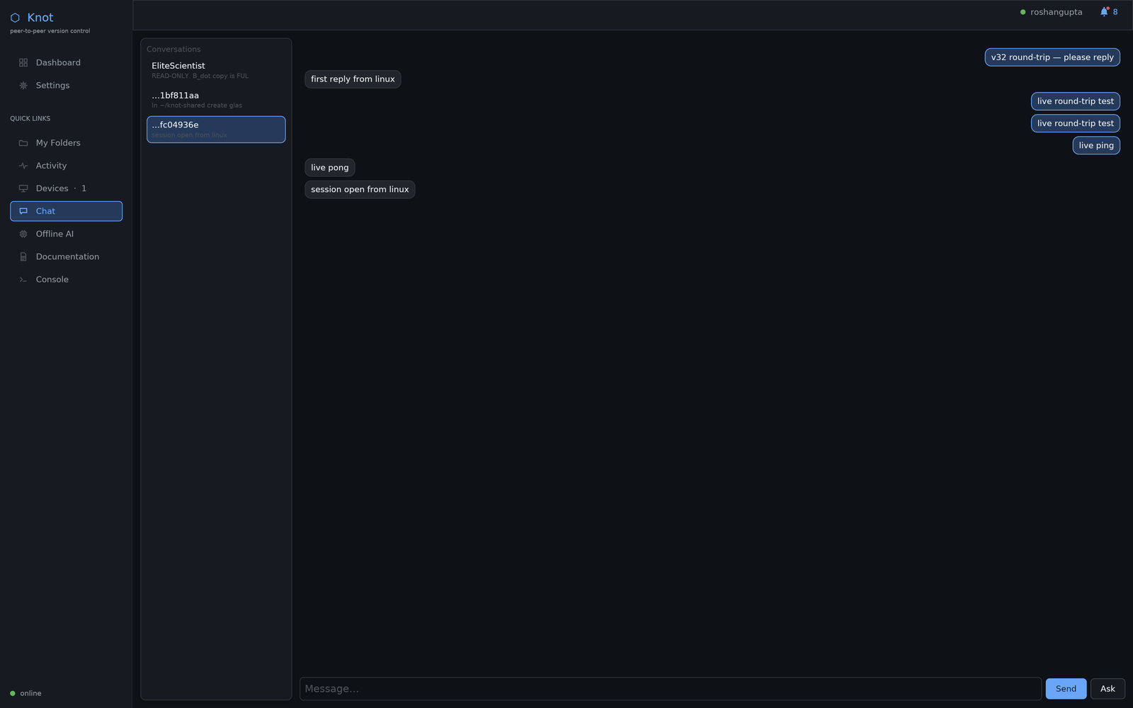 Knot chat tab showing a conversation between paired devices
