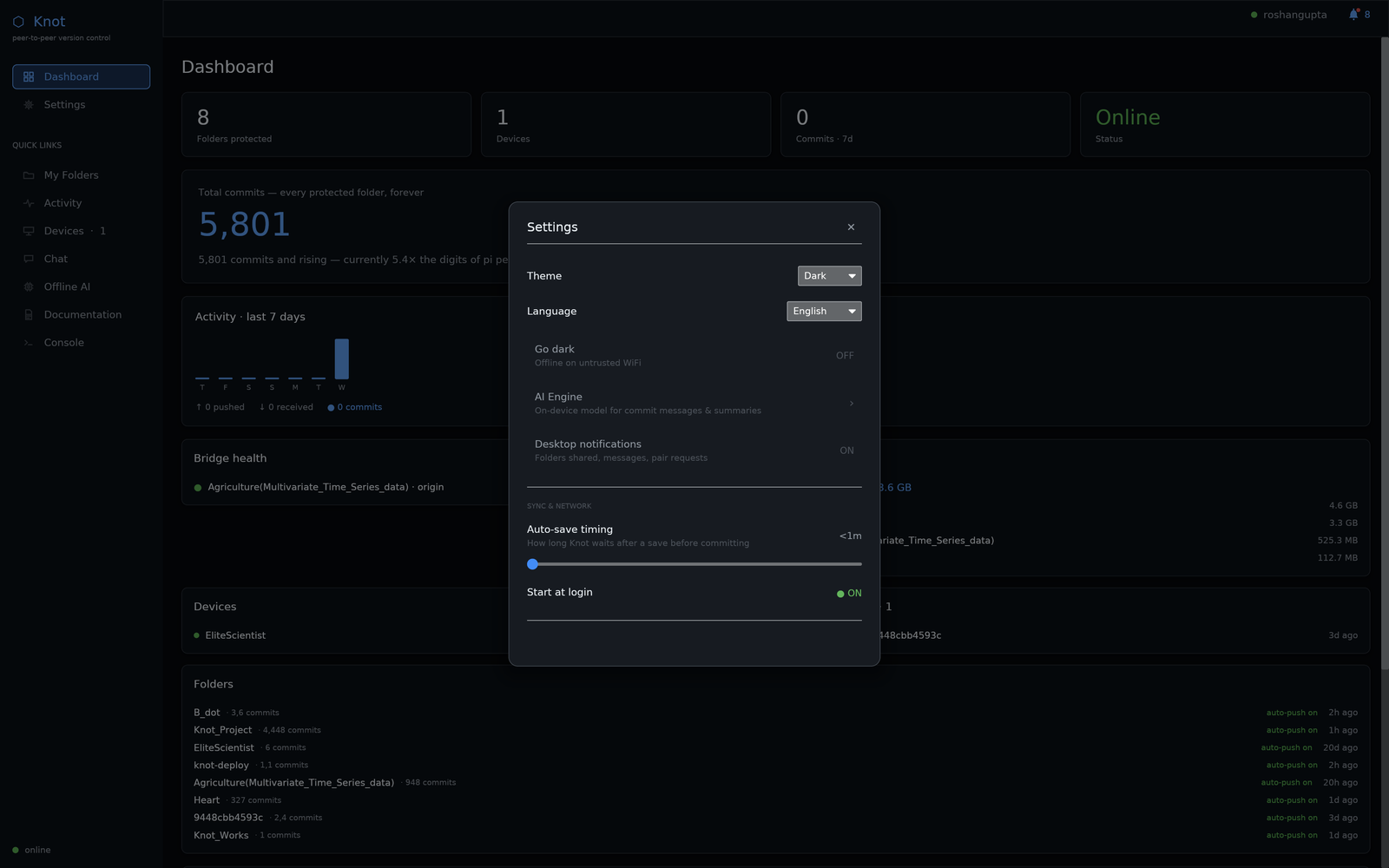 Knot settings panel with theme, language, offline AI and notification options